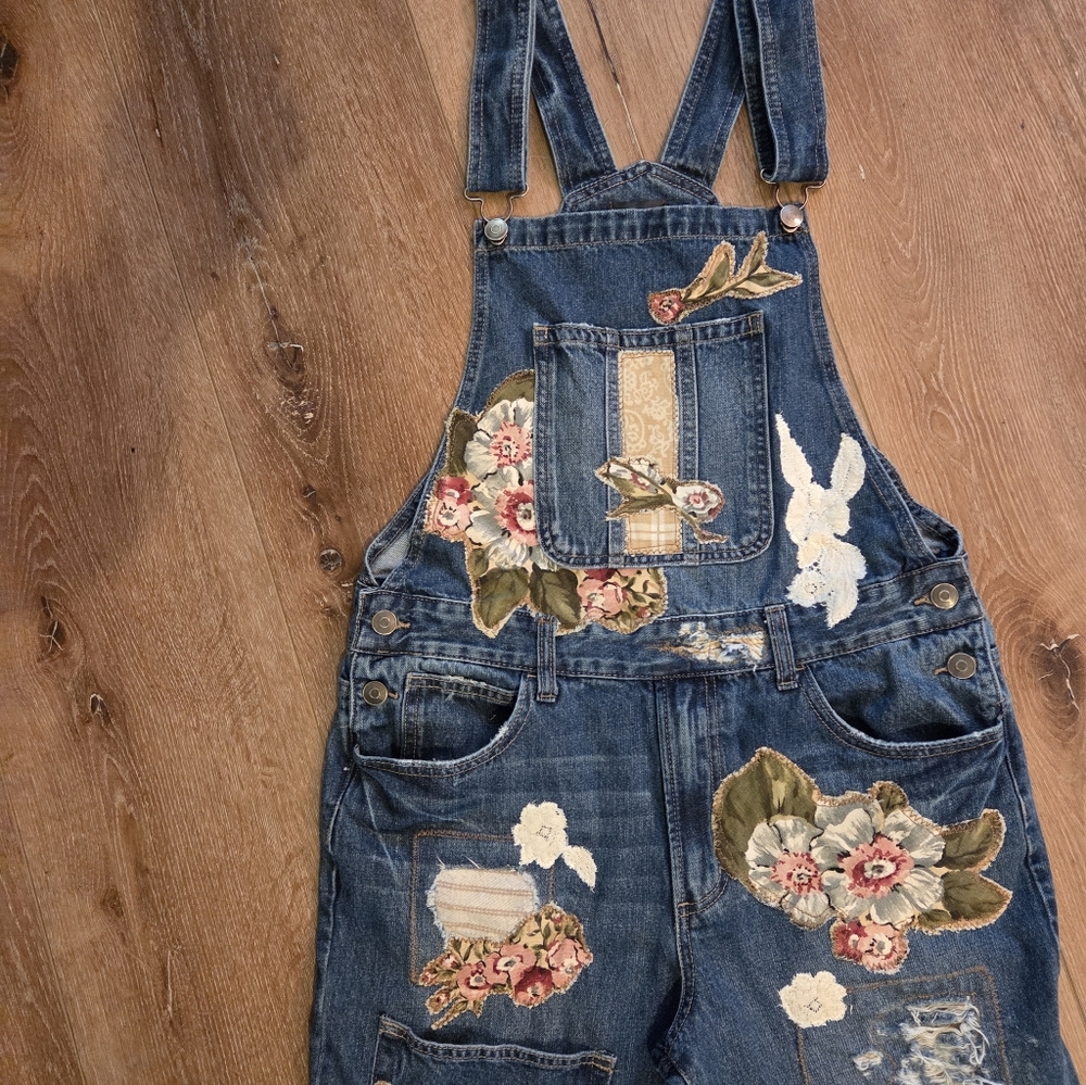 Floral Upcycled Patchwork Dark Denim Overalls By … - image 8